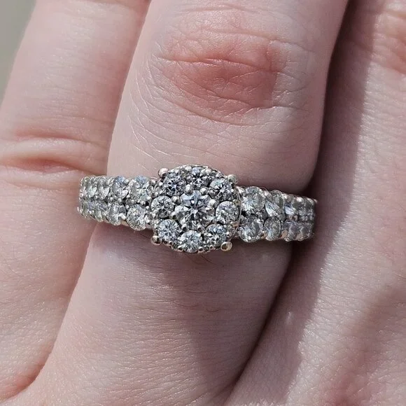 14K White Gold Diamond Halo 2 Row Engagement Ring 1.02TCW Size 6.75
